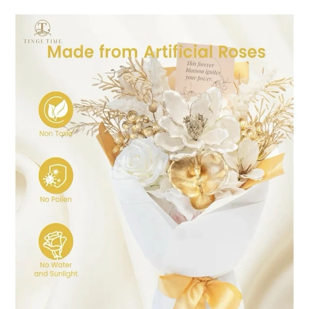 TINGE TIME preserved Flowers Bouquet Platinum Faux Rose White& Gold 16
